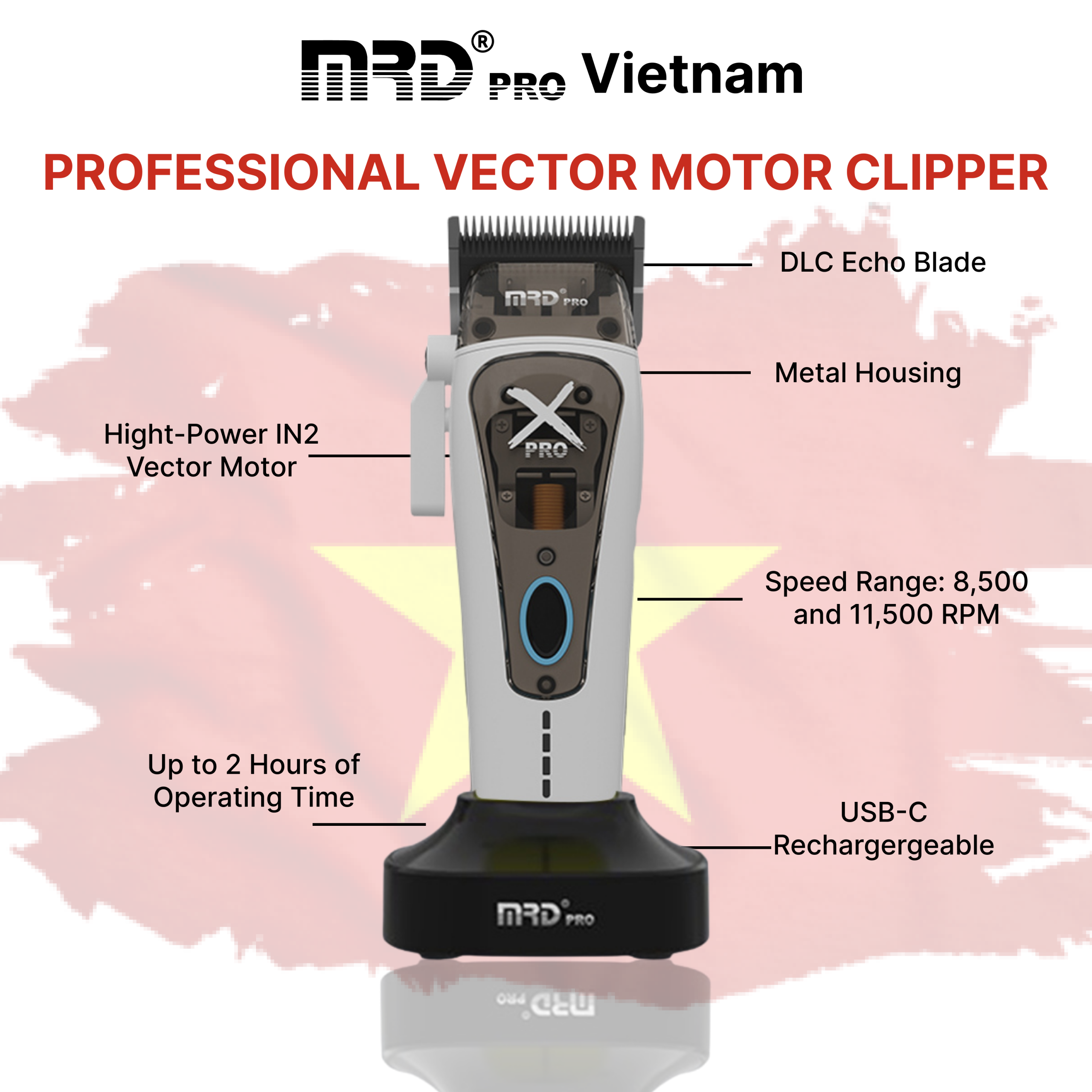MRD HC-999 XPRO Vector Professional Hair Clipper-WHITE| 11,500 SPM High-Torque Motor | Zero-Gap Titanium Blade