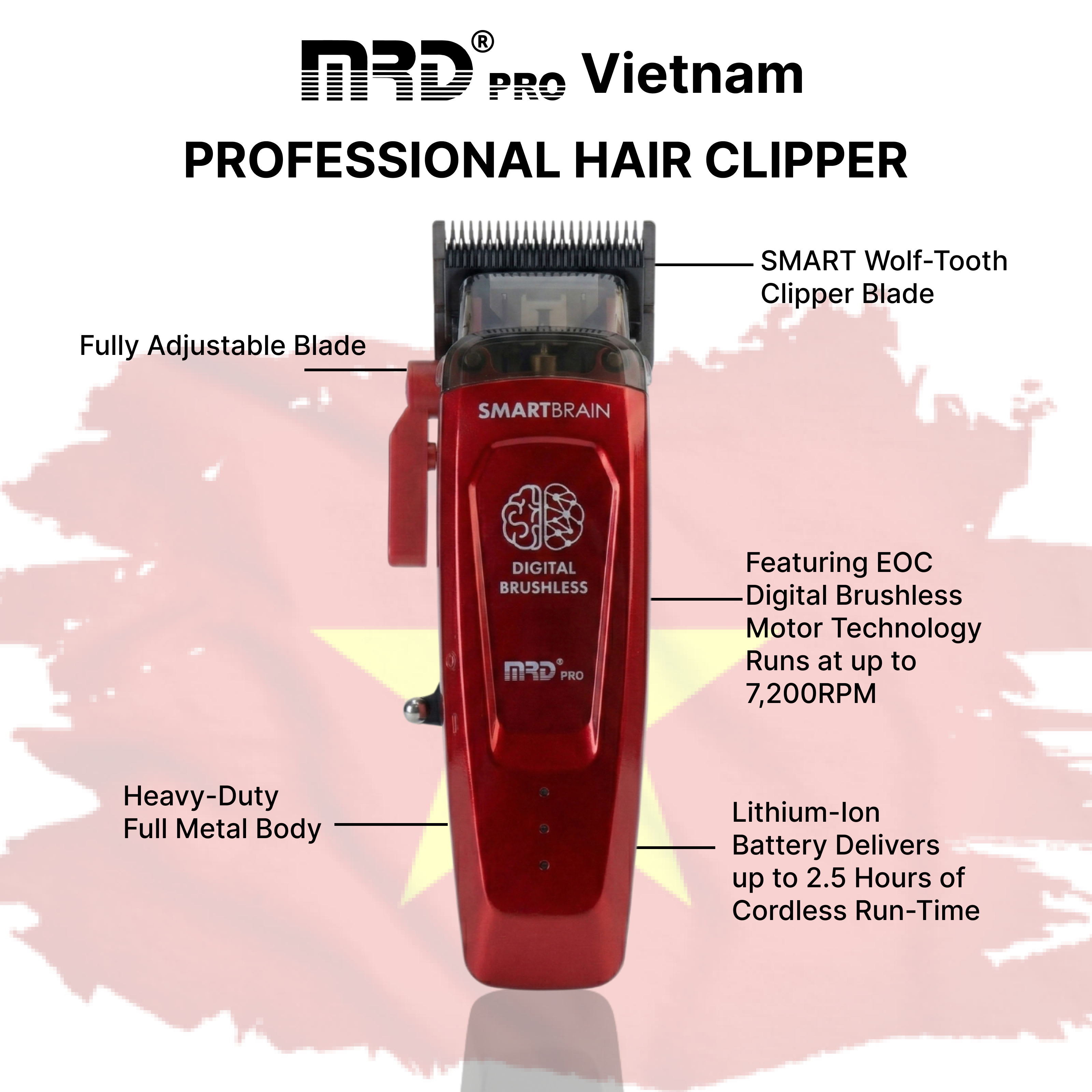 MRDPRO SMART BRAIN HC 90-4-BURGUNDY-Premium Brushless Motor Hair Clipper (7200 RPM) with DLC Blade & Zero Gap Adjustable Taper