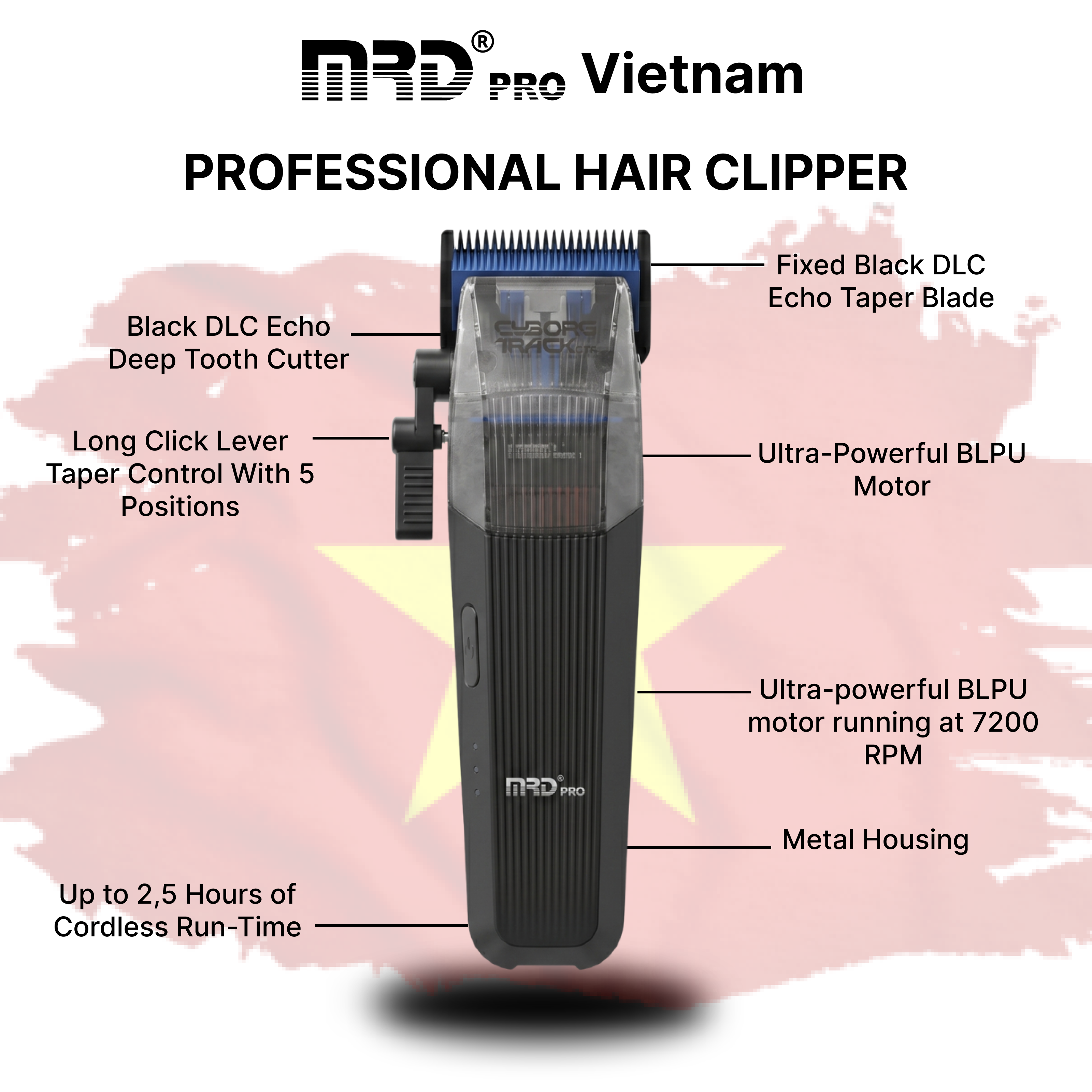 MRDPRO CYBORG PRO 2026-BLACK-Professional Cordless Hair Clipper - Full Metal, 3300mAh, BLPU Motor for Barbers