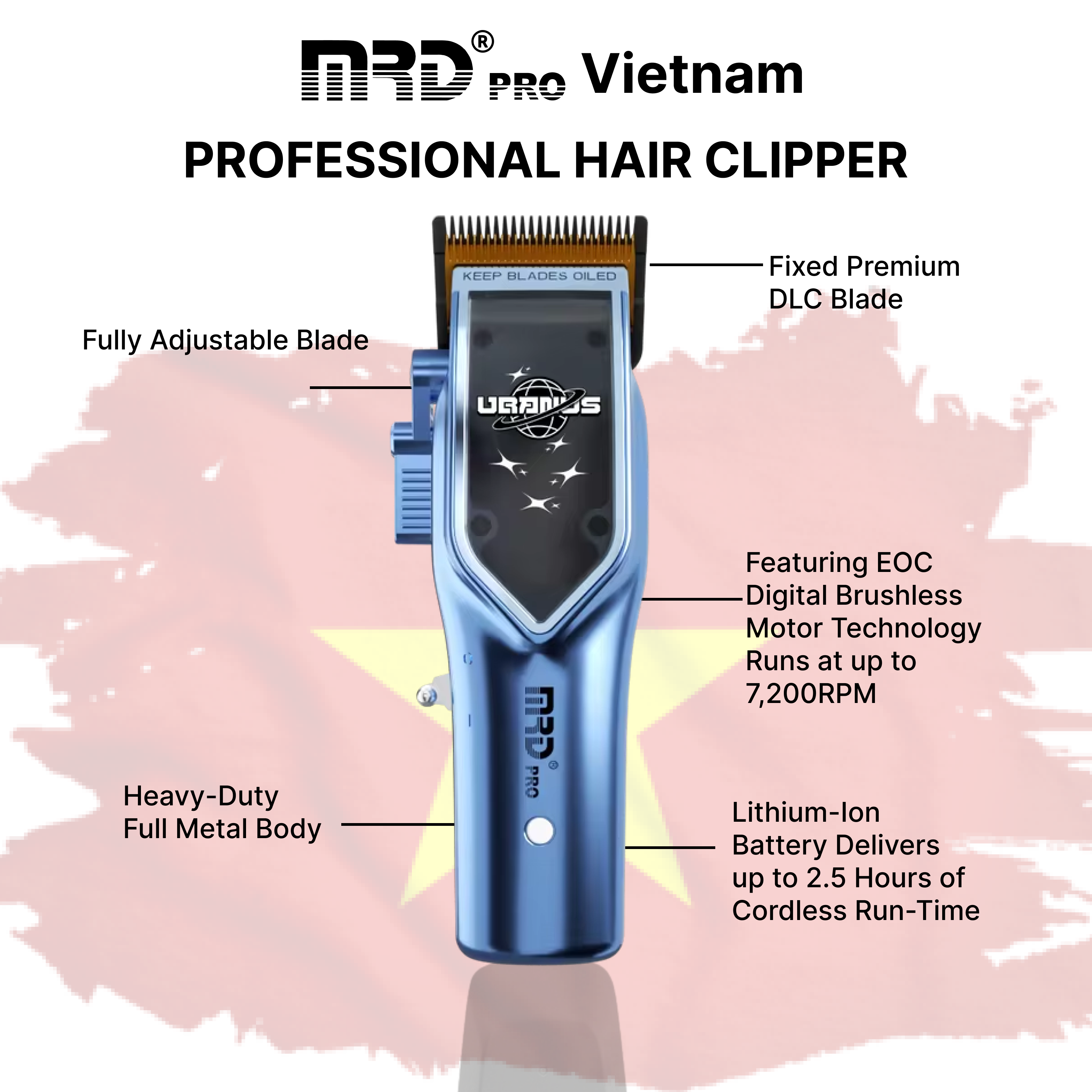 Uranus Professional Barber Clipper-3969V-BLUE-Zero Gap, 7500 RPM Motor, DLC Blade