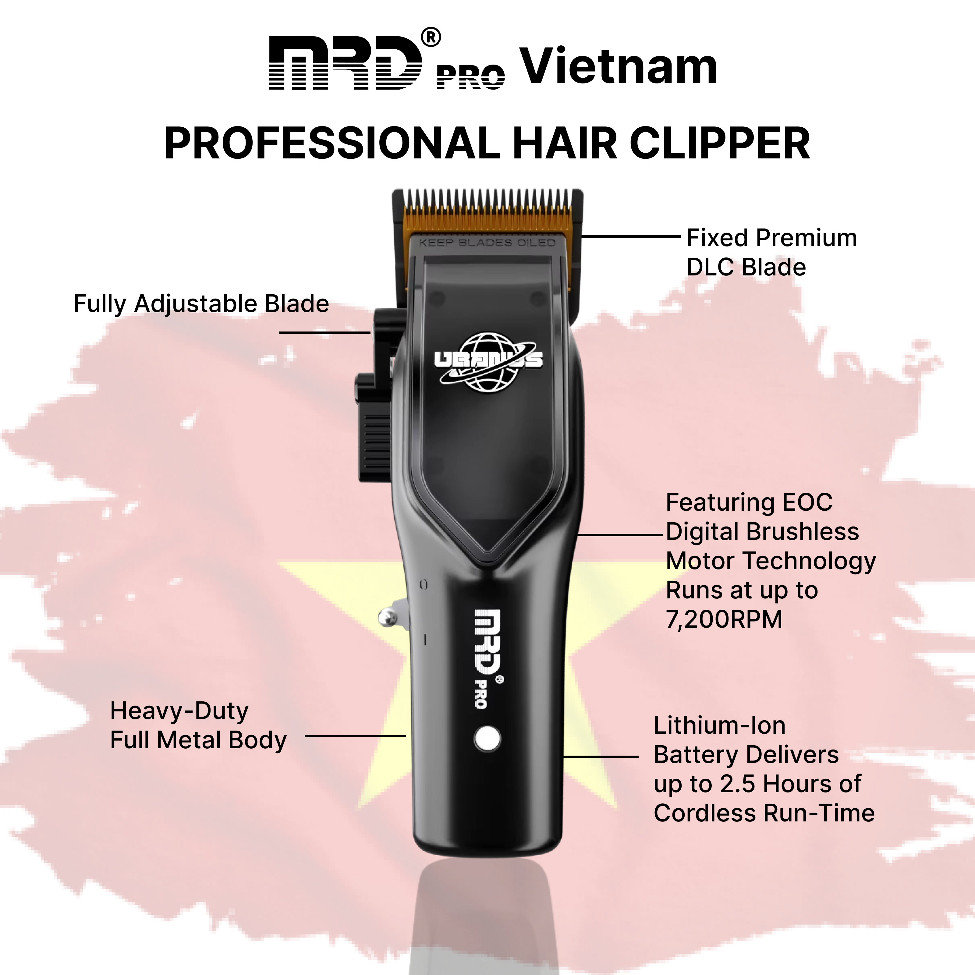 Uranus Professional Barber Clipper HC-3969V-BLACK-Zero Gap, 7500 RPM Motor, DLC Blade
